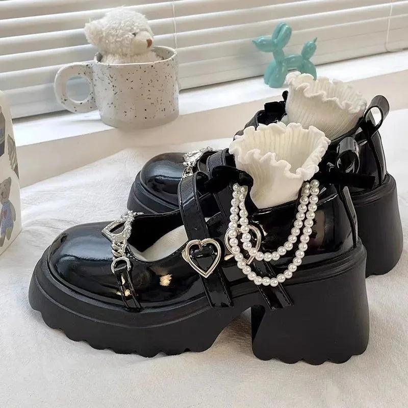 Lolita Platform Shoes With Heart-Shaped Buckle - Anilovers