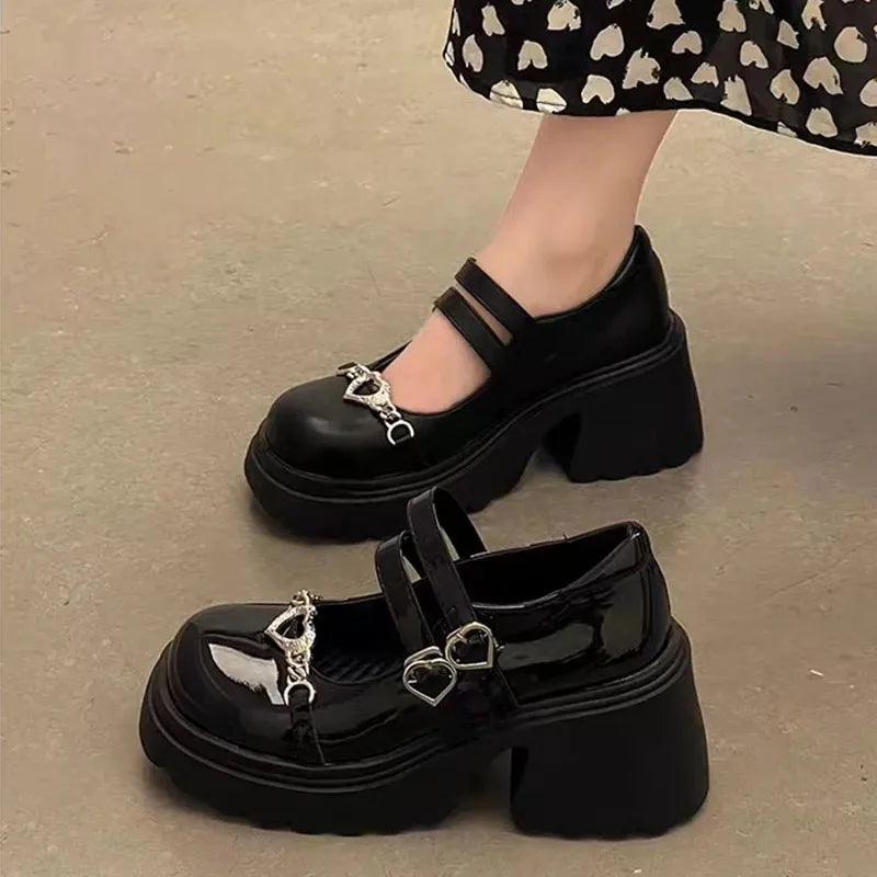 Lolita Platform Shoes With Heart-Shaped Buckle - Anilovers